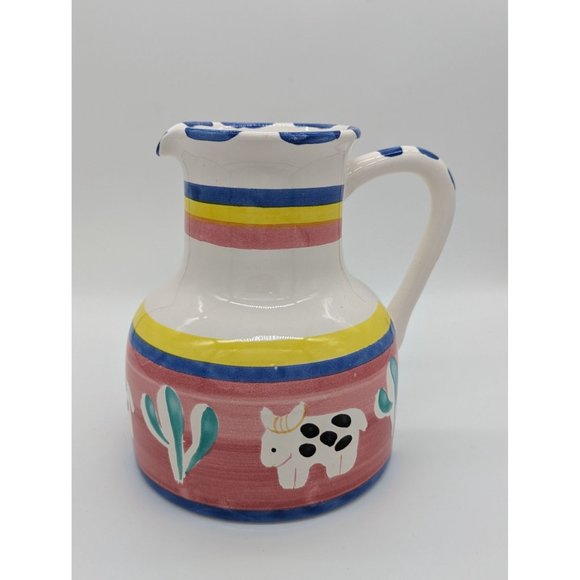 Ceramica Arte Bello Pitcher Jug Ceramic Hand-painted Cow Saguero Cactus - Picture 2 of 12